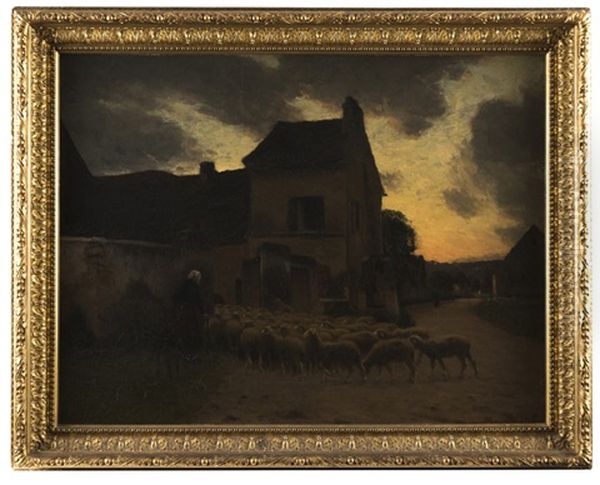 Village At Dusk With Sheep Oil Painting by Louis Alexandre Bouche