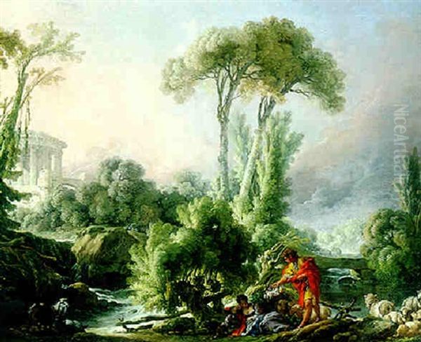 Landscape With Peasants Resting And Playing In A Stream And Medieval Ruins Oil Painting by Francois Boucher the Younger