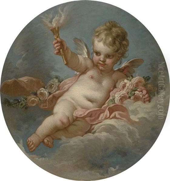 Putto On A Cloud, Holding A Torch Oil Painting by Francois Boucher