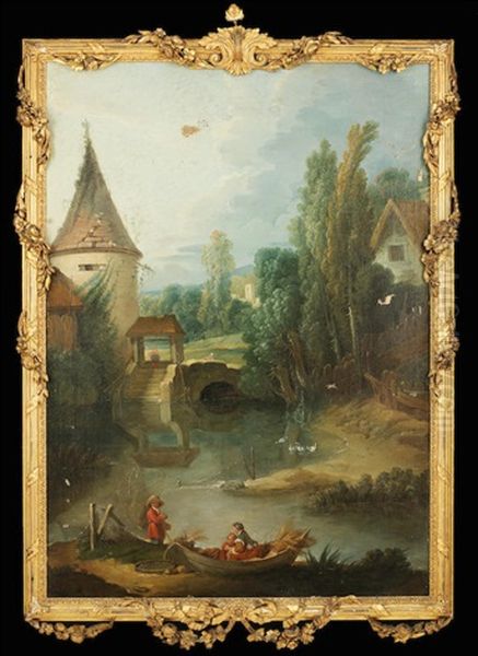 Landscape With A Tower By A River And Figures In The Foreground Oil Painting by Francois Boucher