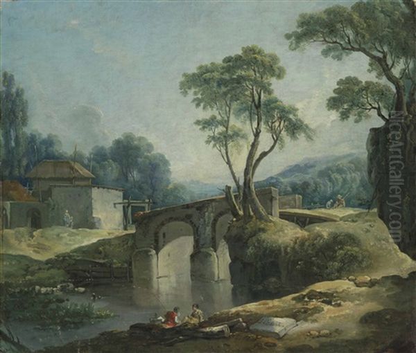 A Wooded Landscape With A Bridge Over A River And A Peasant Couple Fishing In The Foreground, A Farm Beyond Oil Painting by Francois Boucher