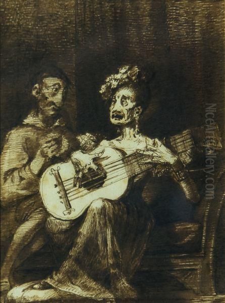 Mujer Con Guitarra Oil Painting by Leonardo Alenza Y Nieto