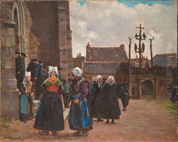 Plougastel, La Sortie De L'eglise Oil Painting by Joseph Felix Bouchor