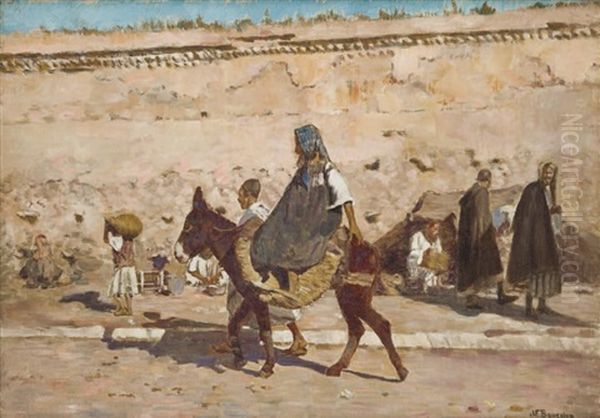 Scene De Rue, Marrakech Oil Painting by Joseph Felix Bouchor