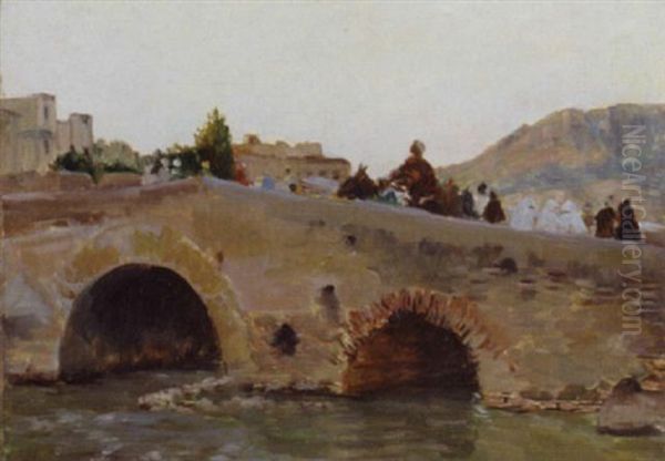 Caravane Traversant Le Vieux Pont Oil Painting by Joseph Felix Bouchor