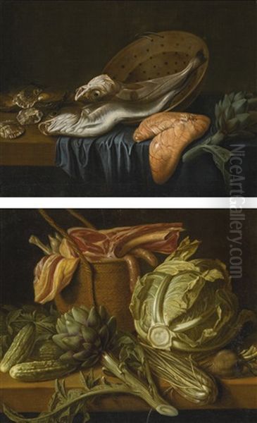 Still Life With Fish And Liver; Still Life With Artichoke, Cabbage And Meat Oil Painting by Pieter Van Boucle