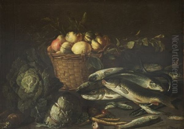 Still Life Of Fish, Vegetables And Fruit In A Wicker Basket Oil Painting by Pieter Van Boucle