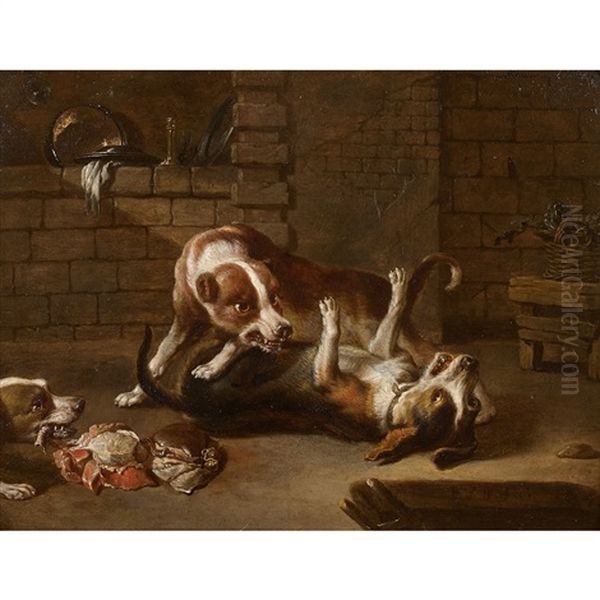 Chiens Dans Le Garde-manger Oil Painting by Pieter Van Boucle