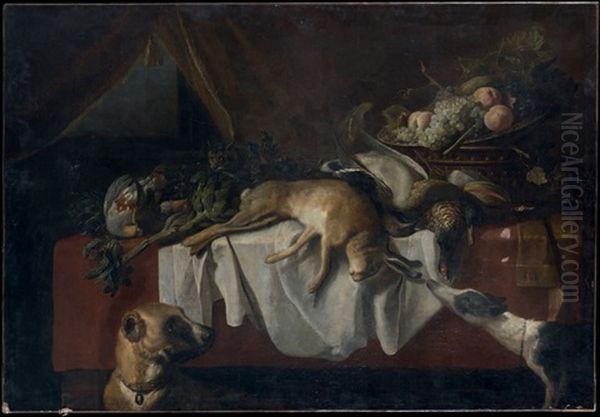 Coupe De Fruits, Gibier Et Artichauts Sur Un Entablement Avec Deux Chiens Oil Painting by Pieter Van Boucle