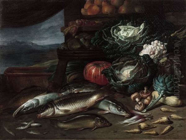 Poissons Et Legumes Sur Un Etal Oil Painting by Pieter Van Boucle