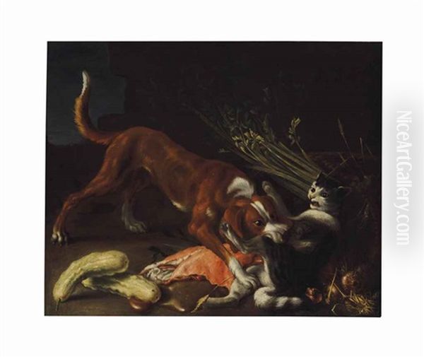 A Dog And Cat Fighting Over A Basket Of Meat Oil Painting by Pieter Van Boucle