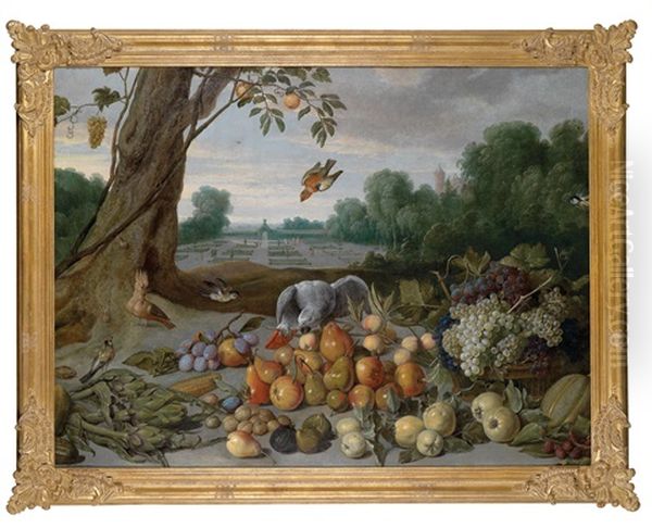 Ein Stilleben Mit Apfeln, Birnen, Quitten, Trauben, Pflaumen, Beeren, Feigen, Melone, Nussen Und Artischocken, Einem Graupapagei, Einem Wiedehopf Und Singvogeln Vor Einer Parklandschaft Oil Painting by Pieter Van Boucle