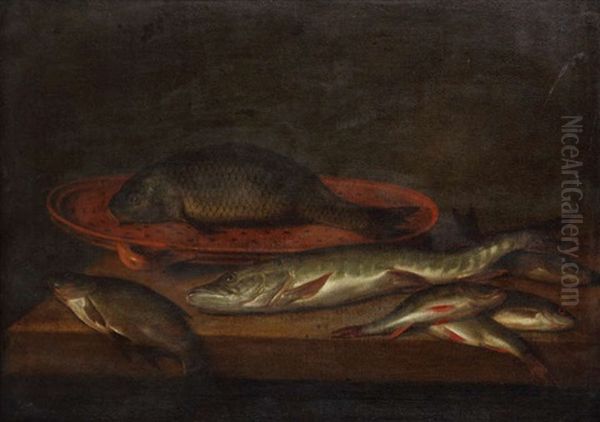 Nature Morte Aux Poissons D'eau Douce Sur Entablement Oil Painting by Pieter Van Boucle