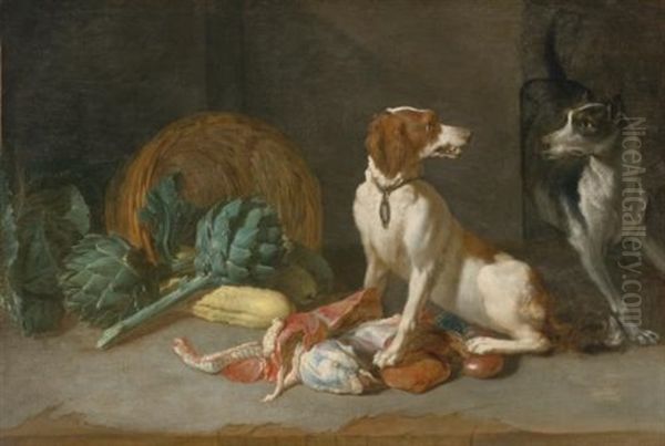 Two Hounds With A Still Life Of Entrails, Artichokes, Lettuce, Squash And A Woven Basket Oil Painting by Pieter Van Boucle