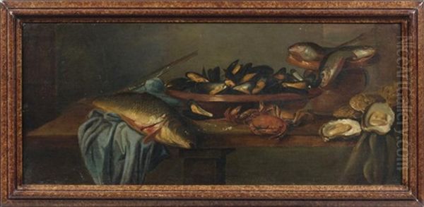 Carpe, Poissons, Moules, Huitres Et Crabe Sur Un Entablement Oil Painting by Pieter Van Boucle