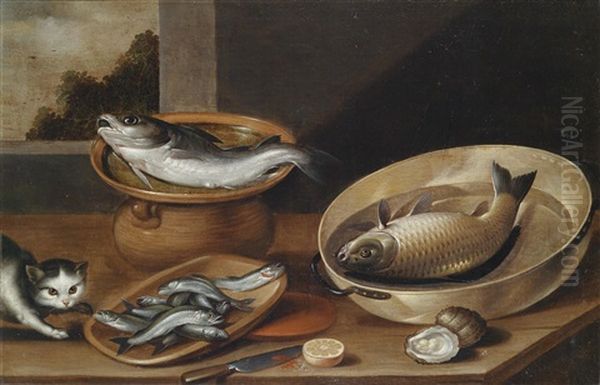 Ein Fischstillleben Mit Einer Katze Oil Painting by Pieter Van Boucle