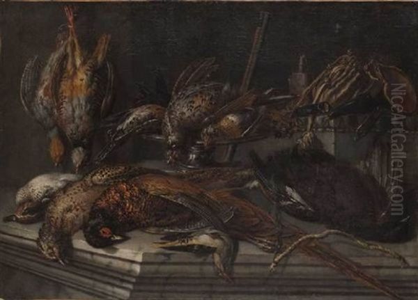 Nature Morte De Gibier Sur Un Entablement : Tetras, Poules Faisanes, Sarcelles Et Coqs Oil Painting by Pieter Van Boucle