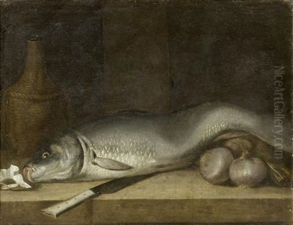 Stilleben Mit Karpfen, Weinflasche, Taback, Zwiebel Und Messer Auf Einer Tischplatte Oil Painting by Pieter Van Boucle