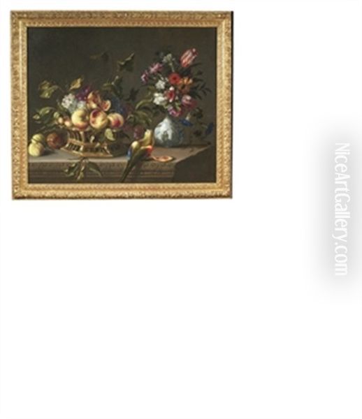 Un Panier De Fruits, Des Fleurs Dans Un Vase Et Un Perroquet Sur Un Entablement En Pierre (pair) Oil Painting by Pieter Van Boucle