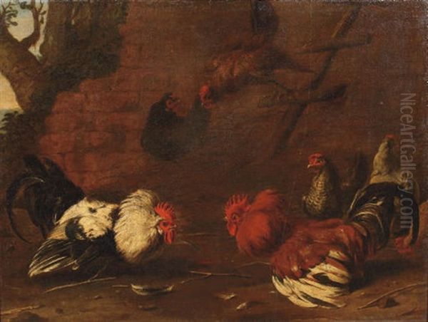 Roosters Fighting In A Landscape Oil Painting by Pieter Van Boucle