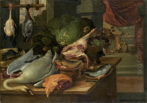 Nature Morte Au Cygne Et Aux Canards Et Dans Le Fond, Deux Servantes Pres D'une Cheminee Oil Painting by Pieter Van Boucle