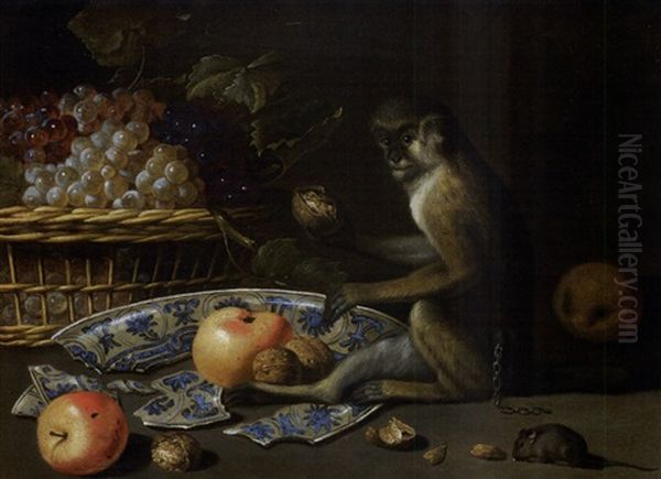 Natura Morta Con Cesto D'uva, Piatto Rotto, Mele E Noci, Una Scimmia E Un Topolino Oil Painting by Pieter Van Boucle