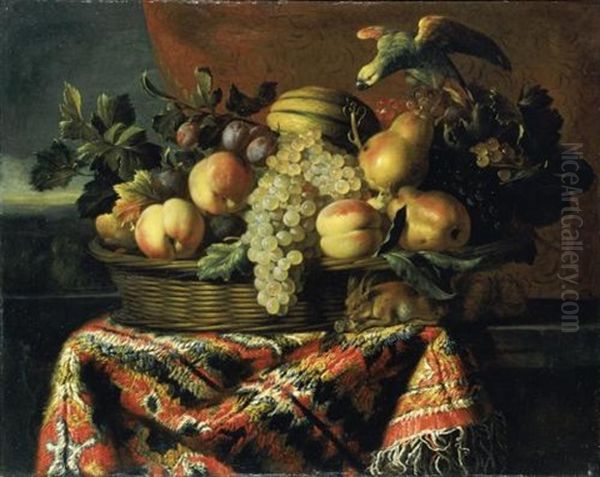 Still Life Of Peaches, Plums, Grapes And Pears In A Basket, Together With A Parrot And A Squirrel, All Resting On A Ledge Draped With A Carpet Oil Painting by Pieter Van Boucle