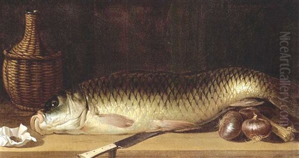 A Still Life With A Carp, Red Onions, A Knife, A Wicker-bottle And A Paper Pouch With Tobacco, All On A Wooden Ledge Oil Painting by Pieter Van Boucle