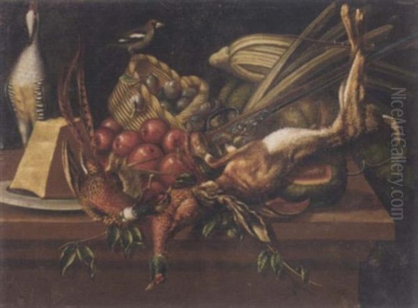 Pheasants, A Dead Hare And A Shot-gun With Plums In A Basket, Apples, Cheese, Pumpkins And Other Vegetables On A Stone Ledge Oil Painting by Pieter Van Boucle