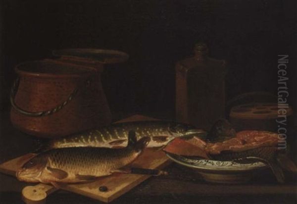 A Still Life Of Freshwater Fish On A Chopping Board, Filleted Fish In A Porcelain Dish, A Copper Urn And Earthenware Vessels Oil Painting by Pieter Van Boucle