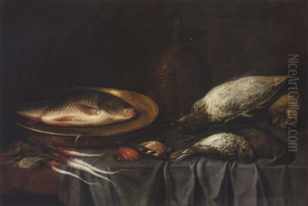 A Carp On A Brass Salver With A Dead Duck And Songbirds, A Flask And Radishes On A Partially Draped Table Oil Painting by Pieter Van Boucle