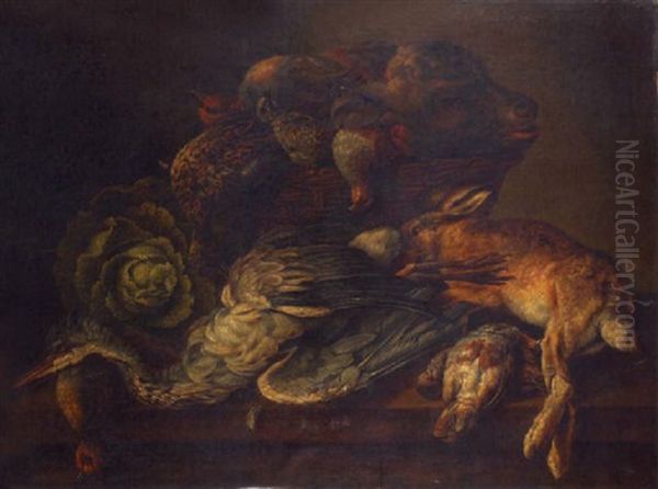 Gibier Et Panier De Legumes Sur Un Entablement Oil Painting by Pieter Van Boucle