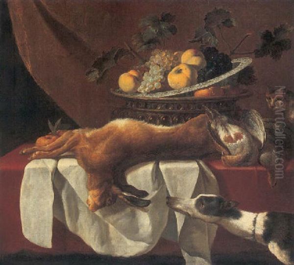 Still Life Of Fruit In A Blue And White Porcelain Bowl Resting On Another Bowl, A Dead Hare, A Brace Of Grouse, All On A Table, A Cat And Dog Oil Painting by Pieter Van Boucle