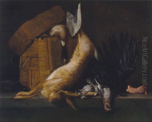 Still Life Of A Dead Hare, Turkey, Jays And A Songbird With A Basket And A Dead Mallard On A Ledge Oil Painting by Pieter Van Boucle