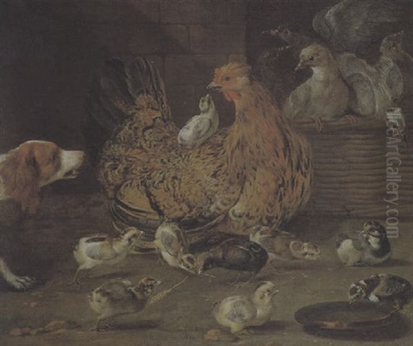 Eine Henne Mit Kuken Und Ein Hund In Einem Huhnerhof Oil Painting by Pieter Van Boucle