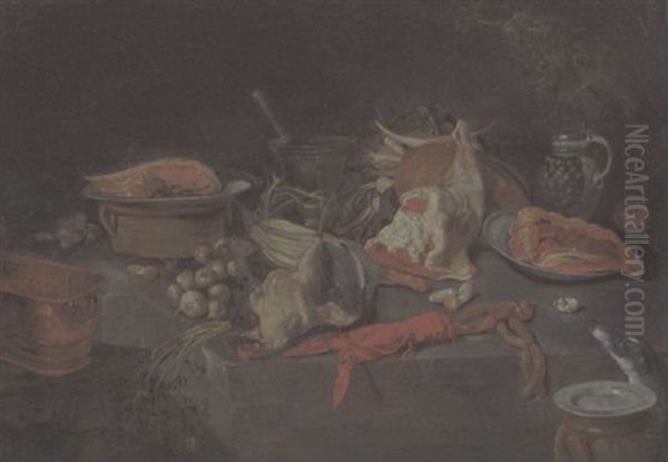 Kuchenstilleben Mit Lebensmitteln, Geschirr Und Morser Oil Painting by Pieter Van Boucle