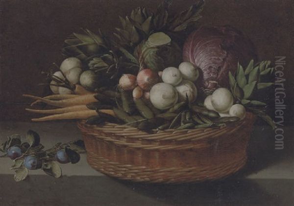 Onions, Peas, Beans, Turnips, Parsnips, Artichokes, Cabbages And A Marrow In A Wicker Basket With Plums On A Stone Ledge Oil Painting by Pieter Van Boucle