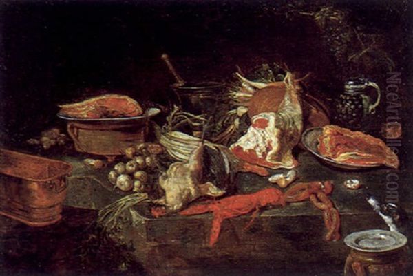 Kuchenstilleben Mit Lebensmitteln, Geschirr Und Einem Hund Oil Painting by Pieter Van Boucle