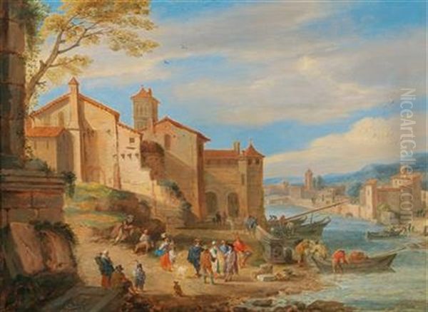 The Port Of Ripa Grande In Rome With Merchants Conversing Oil Painting by Adriaen Frans Boudewyns the Elder