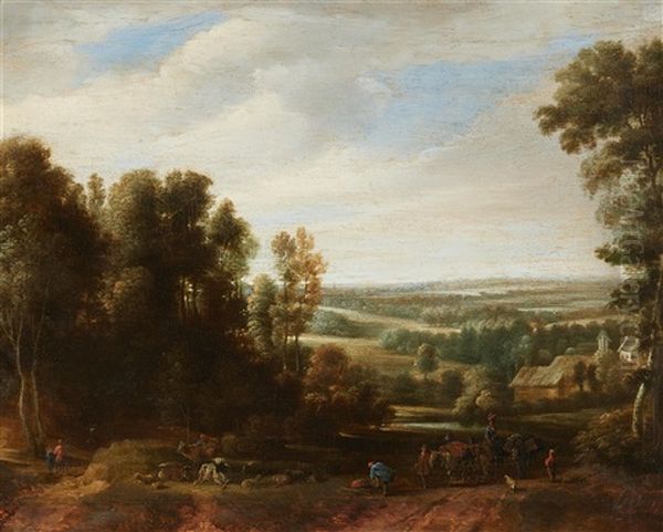 Panoramic Landscape With Shepherds And Travellers Oil Painting by Adriaen Frans Boudewyns the Elder