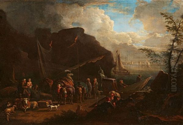 Southern Harbour Scene Oil Painting by Adriaen Frans Boudewyns the Elder