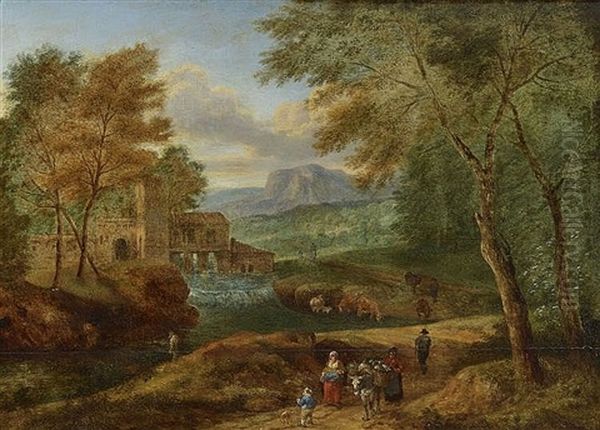 Sudliche Flusslandschaft Mit Figurenstaffage Oil Painting by Adriaen Frans Boudewyns the Elder