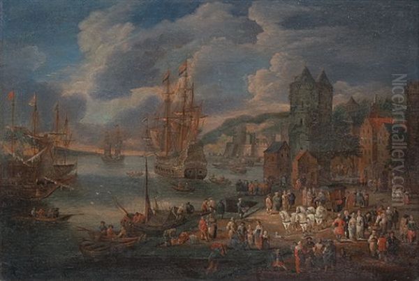 Havnemotiv Med Folkeliv Oil Painting by Adriaen Frans Boudewyns the Elder