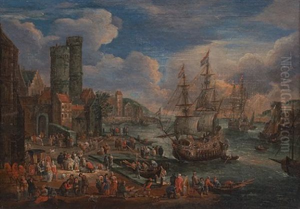 Havn Med Skip Og Folkeliv Oil Painting by Adriaen Frans Boudewyns the Elder