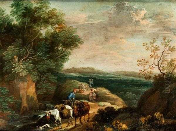 Reisende In Einer Landschaft Mit Bach Und Schafen Oil Painting by Adriaen Frans Boudewyns the Elder