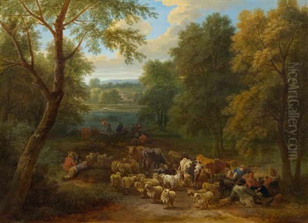 Shepherds In A Forest Clearing Oil Painting by Adriaen Frans Boudewyns the Elder