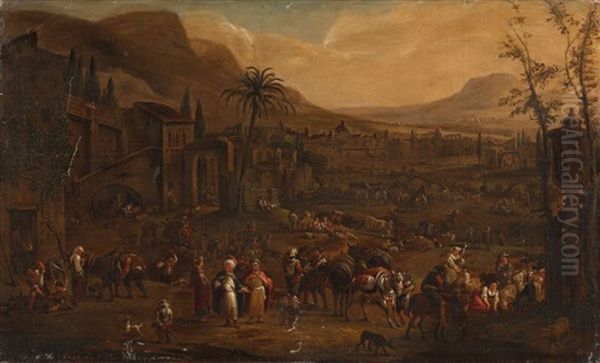 A Southern Landscape With A Market Scene Oil Painting by Adriaen Frans Boudewyns the Elder