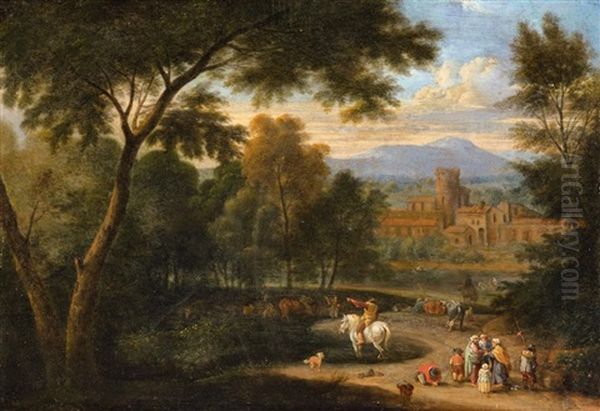 An Italianate Landscape With Travellers And A Oil Painting by Adriaen Frans Boudewyns the Elder