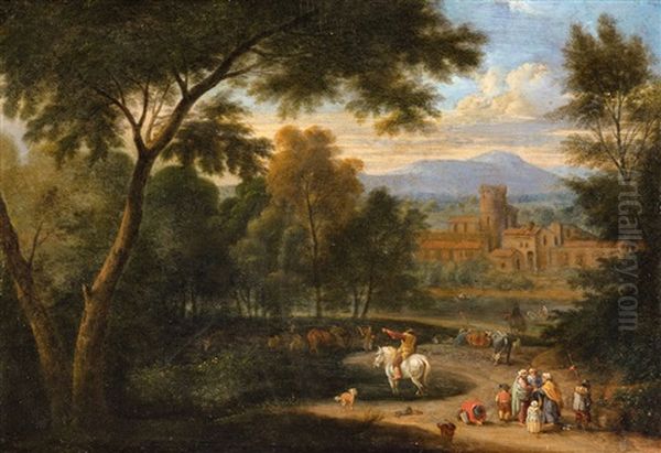 An Italianate Landscape With Travellers And A Rider Oil Painting by Adriaen Frans Boudewyns the Elder