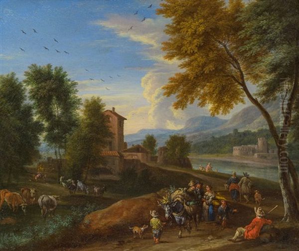 Landschaft Mit Gemusehandler Und Esel Oil Painting by Adriaen Frans Boudewyns the Elder